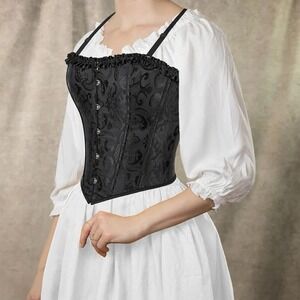 Black‎ Brocade Overbust Corset Top With Ruffled Hem/Neck Lace Up Back XS